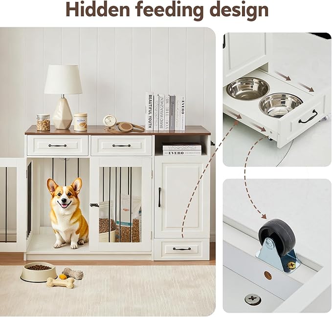 45.7" Dog Crate Furniture with Storage Drawers & Hidden Bowl, Wooden Indoor Dog Kennel Furniture with Food Storage Cabinet/Hooks, Dog Crate End Table TV Stand for Small/Medium/Large Dogs, White