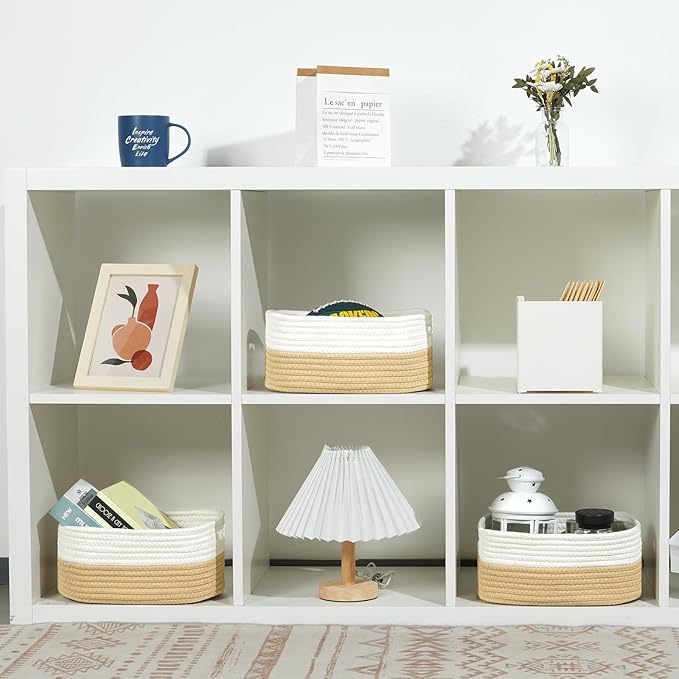 Bidtakay Small Cotton Rope Storage Baskets for Organizing 3 Pack Woven Baskets for Storage Closet Organizer Bins for Shleves 11.8×7.8×5 inch Cute Boho Decorative Basket with Handles - White&Beige