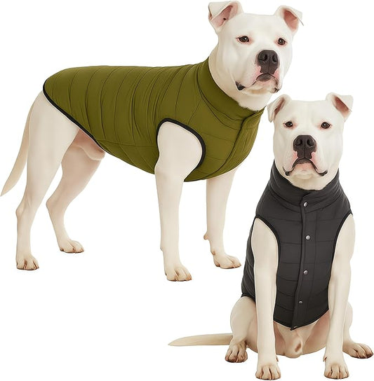 LovinPet Reversible Dog Puffer Coat for Medium & Large Dogs, Down‑Insulated Winter Jacket, Water‑Resistant & Wind‑Resistant, Anti‑Static, Dual-Sided Dark Green & Grey for Cold Weather,2XL
