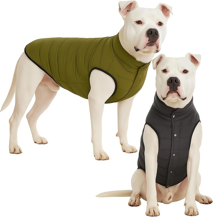 LovinPet Reversible Dog Puffer Coat for Medium & Large Dogs, Down‑Insulated Winter Jacket, Water‑Resistant & Wind‑Resistant, Anti‑Static, Dual-Sided Dark Green & Grey for Cold Weather,L