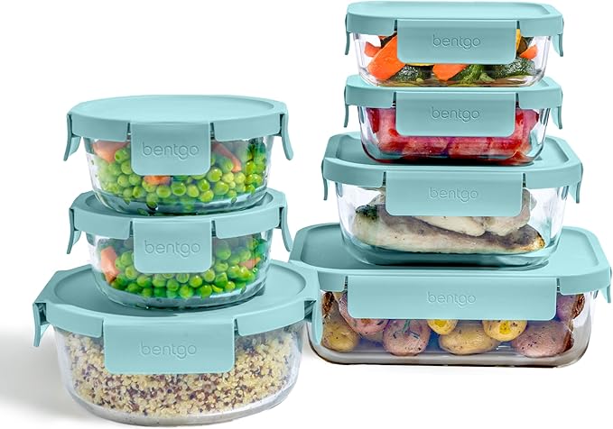 Bentgo Glass Leak-Proof Food Storage Set - 14-Piece Glass Containers with BPA-Free Airtight Lids, Reusable & Durable for Leftovers & Meal Prep - Microwave, Freezer, Oven & Dishwasher Safe (Soft Aqua)