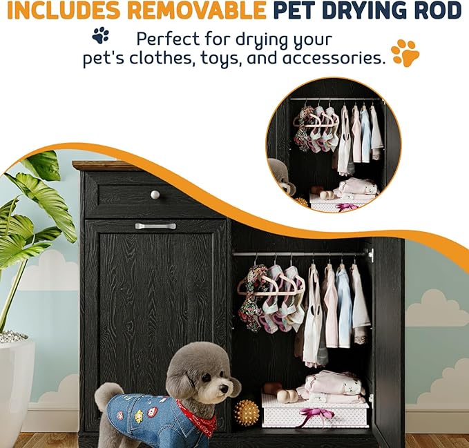 Double Door Dog Feeding Station with Storage,2X13 Gallons Tilt Out Trash Can Cabinet,Dog Food Cabinet with 4 pcs Dog Bowl for Kitchen/Living Room (Black, Double Door)