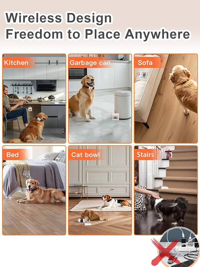 FLYSPEAR Wireless Pet Barrier - Rechargeable Indoor Barrier with 6 Adjustable Range Radius up to 7 ft, 6 Adjustable Safe Static Intensity, Electric Fence System for Dogs with Hook
