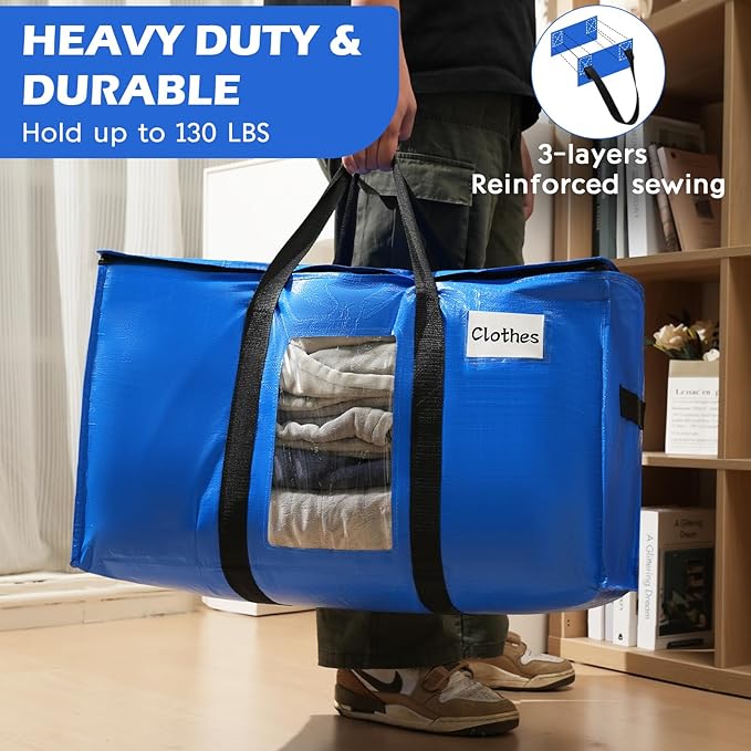 6 Pack Extra Large Moving Bags with Visible Window & Tag Pocket,Strong Zippers & Handles, Heavy Duty Storage Totes for Moving & Space Saving