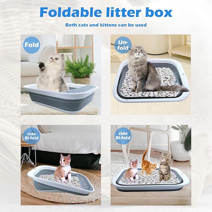 Collapsible Small Cat Litter Box,Open Top Cats Litter Pan with Scoop Waterproof & Foldable Kitten Potty Toilet Anti-Splashing Low Entry Kitty Travel Litter Tray Semi-Enclosed Easy Clean(Gray)