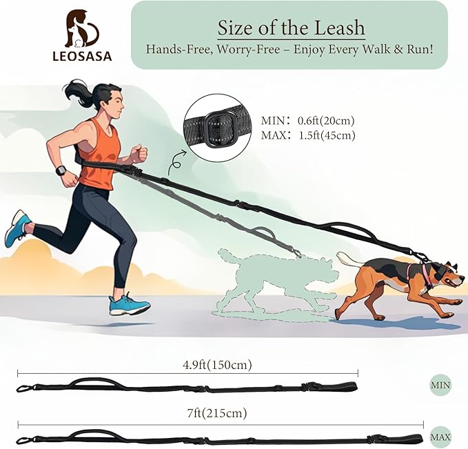 Hands-Free Dog Leash - Tactical Rope with No Pull Bungee Tangle Free Clip, Adjustable Length for Multi-Use, 2-Handle with Reflective Strip, Lead for Hike Run Small Medium Large Pet (Black)