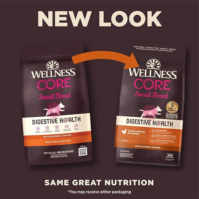 Wellness CORE Digestive Health Dry Dog Food, Small Breed, Wholesome Grains, Natural, Recipe for Dogs with Sensitive Stomachs, Chicken, (12-Pound Bag)