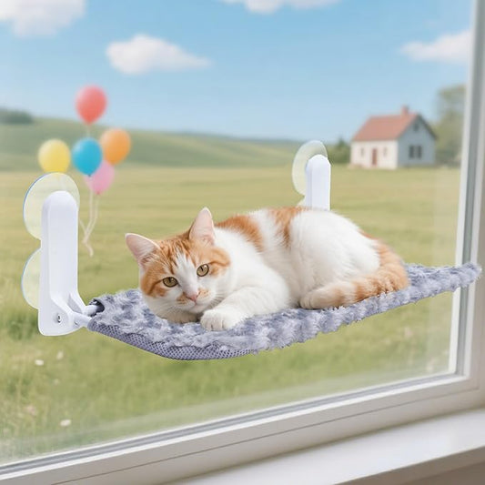 Cat Window Perch, Cordless Foldable Cat Hammock Bed with 4 Suction Cups, Embeded Machine Washable Bed for Indoor Cats, Strong Metal Frame Holds 40lbs (Grey)