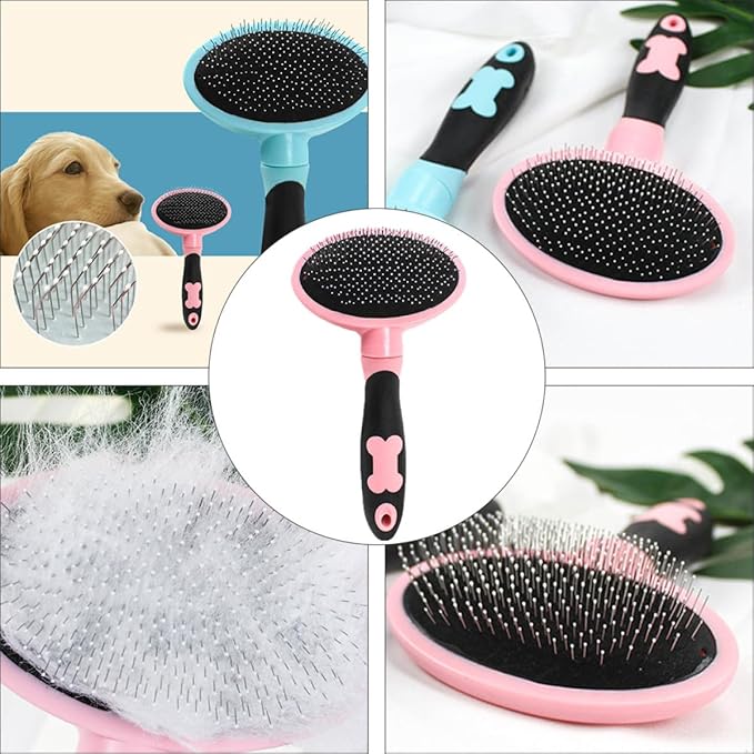 HEMOTON Pet Grooming Brush and Comb Set for Cats and Dogs, Pink Massage Hairbrush with Soft Bristles, Pet Supplies for Shedding Control and Fur Cleaning