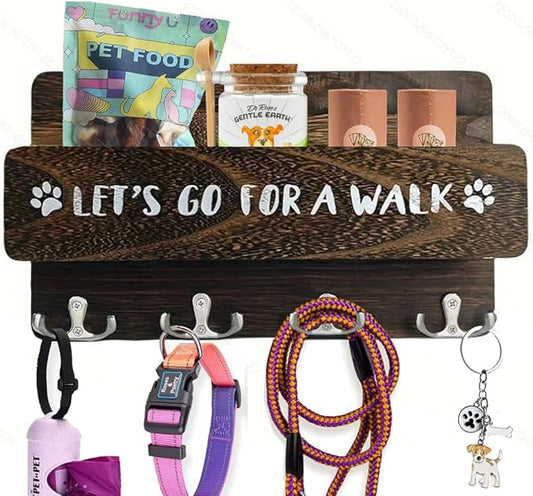 Wood Dog Leash Holder for Wall, Key Hangers with 4 Double Key Hooks, Dog Leash Hanger Wall Mounted for Entryway, Farmhouse Treats,30cm, Brown