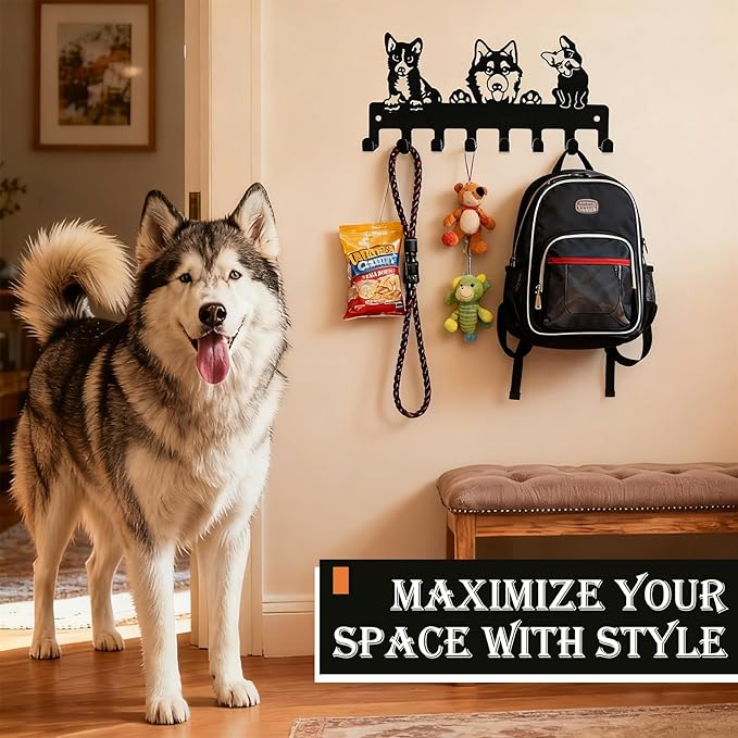 Dog Leash Holder for Wall, Key Holder Wall Mount with 8 Metal Hooks, Key Hooks for Wall, Screw Mounted Rust Resistant Entryway Organizer for Leashes Keys Bags Hats Collars