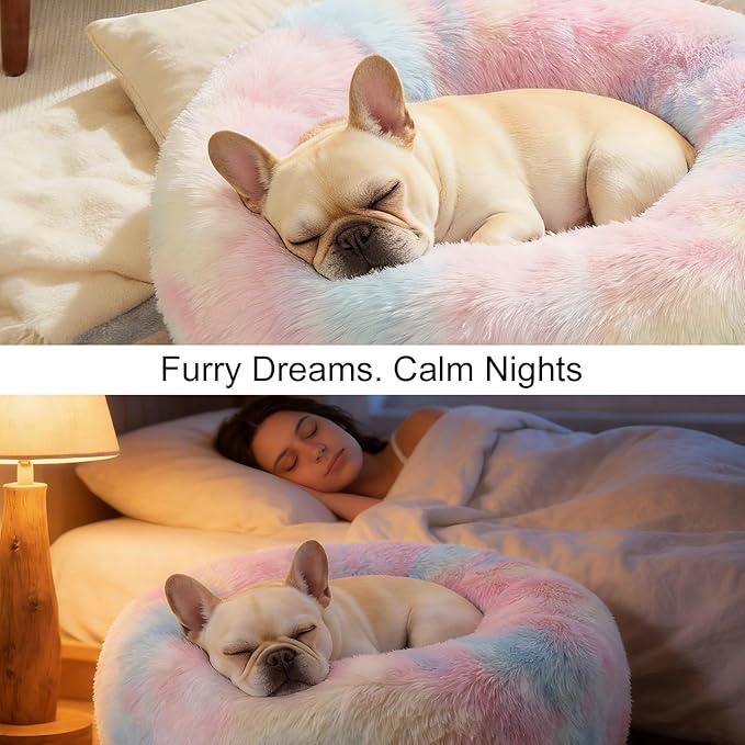 Dog Calming Beds for Small Medium Large Dogs - Round Donut Washable Puppy Dog Bed, Anti-Slip Faux Fur Fluffy Donut Cuddle Anxiety Cat Pet Bed(28'' Color)