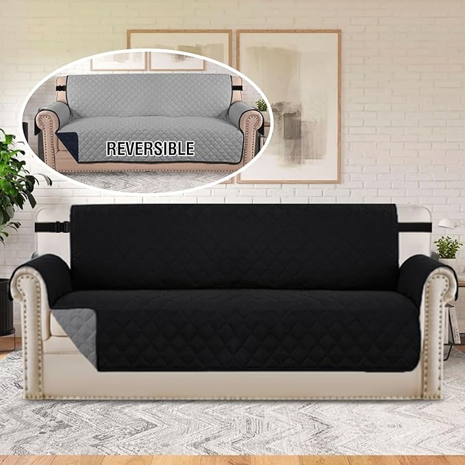 H.VERSAILTEX Water Resistant Couch Cover for 3 Cushion Couch Reversible Sofa Slipcover Quilted Furniture Protector with Elastic Strap Non Slip Sofa Cover for Dogs Pets(Sofa, Black/Grey)