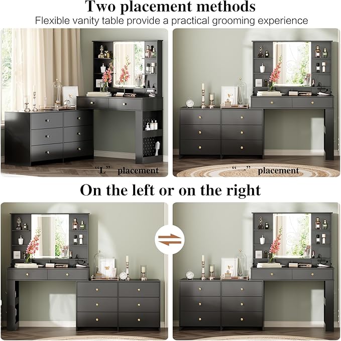 Makeup Vanity Desk with Mirror and Lights, Vanity Desk with 8 Drawers & Storage Shelves, Vanity Table with Power Outlet, 3 Color Modes & Adjustable Brightness Dressing Table, Bedroom,Black