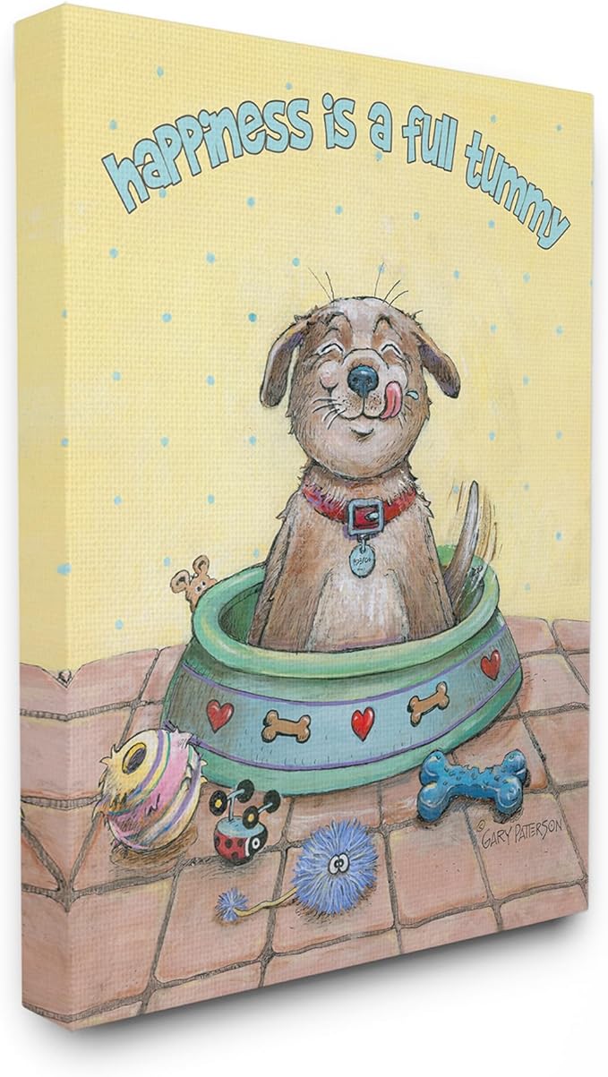 Stupell Industries 'Happiness is A Full Tummy Dog Funny Cartoon Pet Design', Canvas Art, 16 x 20 Inches, Easy to Hang and Sturdy, Made in USA, by Gary Patterson