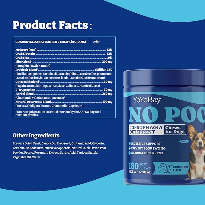 No Poo Chews for Dogs, Coprophagia Deterrent, Stool Eating Deterrent - with Probiotics, Fiber Blend, Natural Deterrent - Digestive Health & Immune Support - 180 Soft Chews, Duck & Pear Flavor
