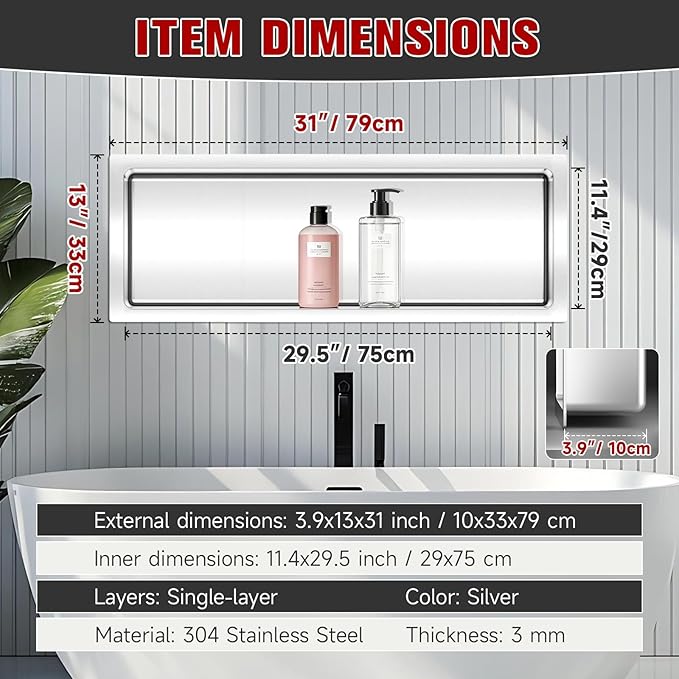 No Tile Needed Shower Niche 13"X 31", Bathroom Wall Niche Single Shelf, Stainless Steel Shower Niche for Bathroom, Kitchens, Balconies