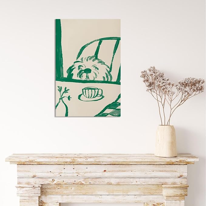 Funny Sneaky Dog Poster Abstract Coffee Breakfast Canvas Wall Art Modern Minimalist Animal Sketch Artwork Prints Painting For Living Room Kitchen Dining Room Wall Decor 12x16in Wrapped Canvas
