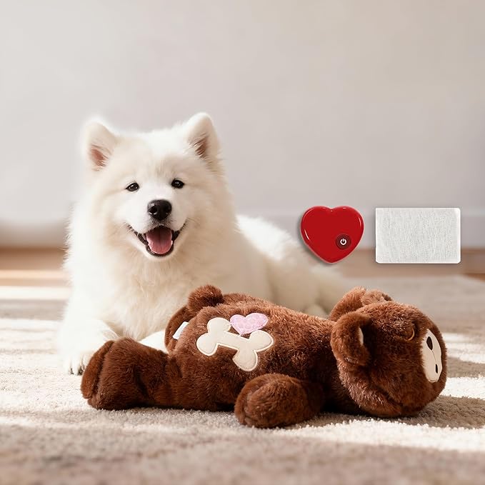 PetPrime Dog Heart beat Puppy Plush Bear Toy - with Warmer Bag Pet Soft Anxiety Puppy Relief Toy Heartbeat Stuffed Animal Sleeping Buddy Anxiety Dog Toy (Brown Bear)