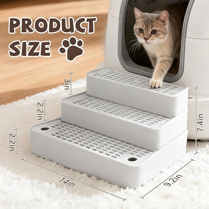Adjustable 3 Steps Cat Ramp for Litter Box, Detachable Cat Pedal Step Stool with Filter Function, Double Layered Cats Litter Trapper, Suitable for Small&Elderly Cats, Non-Slip(White)
