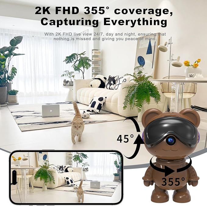 dzcctvipc-Cute Bear-2K Wireless-Smart Robot-Home Security - Camera,Nanny & Pet Motion Monitor,Baby Cry Detection Alarm,Privacy Mode,5G Dual-Band,PanTilt,Full HD Night Vision,24/7 Recording,2-Way Audio
