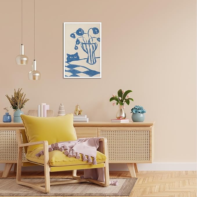 Funny Sneaky Cat Poster Scandi Animal Sketch Canvas Wall Art Blue Modern Abstract Flower Vase Aesthetic Prints Painting For Living Room Kitchen Dining Room Wall Decor 24x36in Unframed