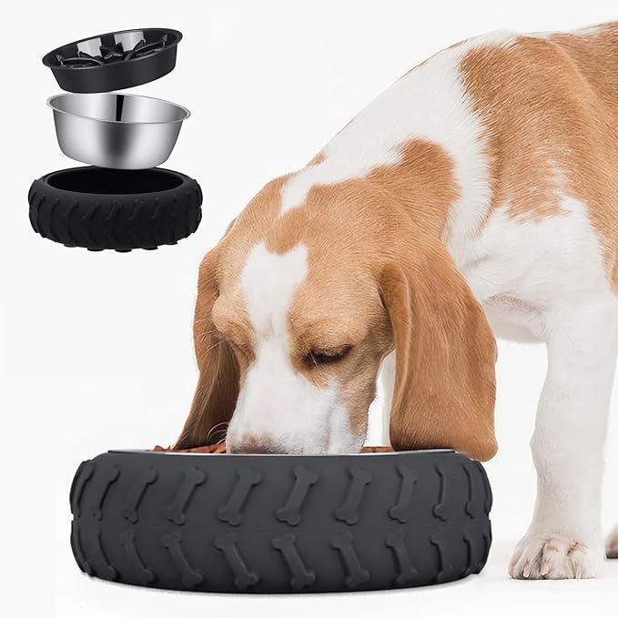 3-in-1 Funny Car Tire Dog Feeder - Non-Slip Slow Feeder & Stainless Steel Water Bowl for Wet, Raw Food & Water, Multifunctional for Small, Medium & Large Dogs，Feeding Vessels for Pets