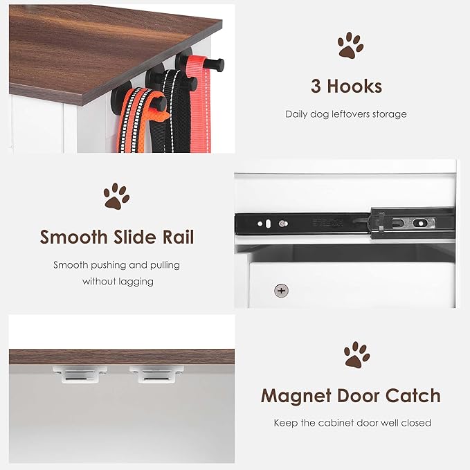 Pet Feeding Station with Storage Cabinet - Dog Food Organizer with Pull-Out Drawers, Adjustable Height Bowls & 3 Hooks - 23.6” Pet Storage Cabinet for Dogs & Cats