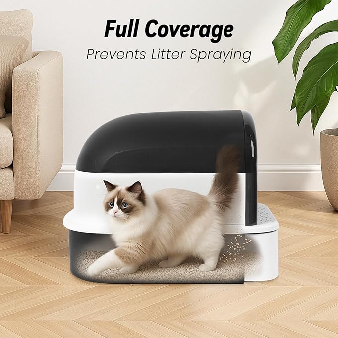 Enclosed Litter Box with Front Door Flap and Scoop, Covered Kitty Litter Box with Handle and Buckles for Portability and Privacy (Shining Black)