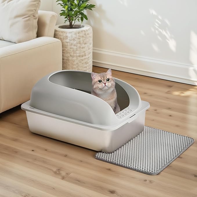 Stainless Steel Cat Litter Box with Lid, High Sided Large Cat Litter Box for Anti-Urine Leakage, Included Scoop and Litter Mat, Light Gray