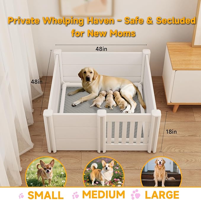 Whelping Box for Dogs, Puppies,48x48x18in,with Pig Rails Washable Pad,Suitable for Small Medium Large Breeds, White,Whelping Supplies