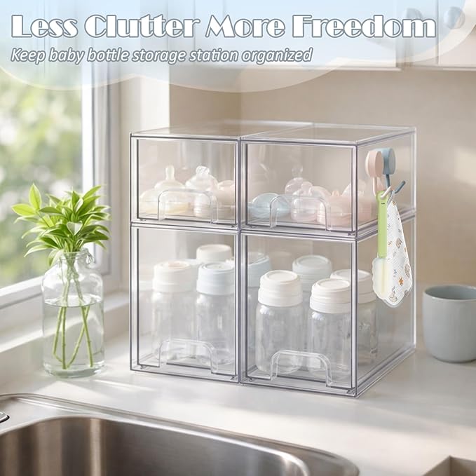 Baby Bottle Organizer-4 Pack Stackable Storage Drawers, Baby Organizers and Storage with Hooks, Clear Acrylic Multipurpose Bottle Storage for Countertop,Kitchen,Cabinet,Vanity,Bathroom