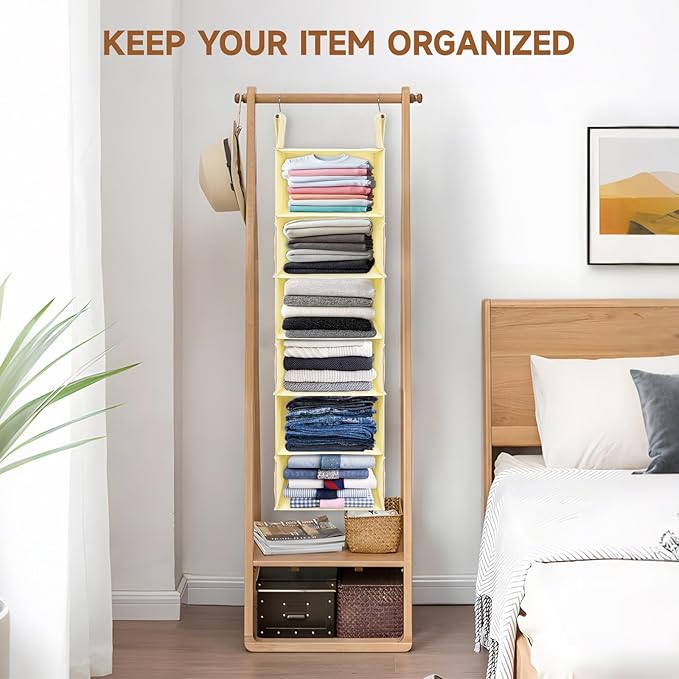 Posprica Interchangeable Hanging Closet Organizer – 6 Slim Tiers or 3 Spacious Compartments, Foldable Dual-Sided Fabric Shelf for Wardrobe, RV, Dorm(Beige)
