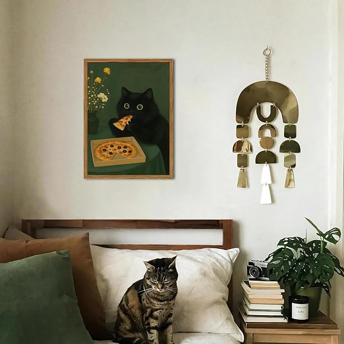 Funny Black Cat Wall Art Whimsical Black Cat Eating Pizza Wall Decor Cute Animal Dark Green Kitchen Poster Canvas Prints for Bedroom Living Dining Room 12x16 inch Wood Framed