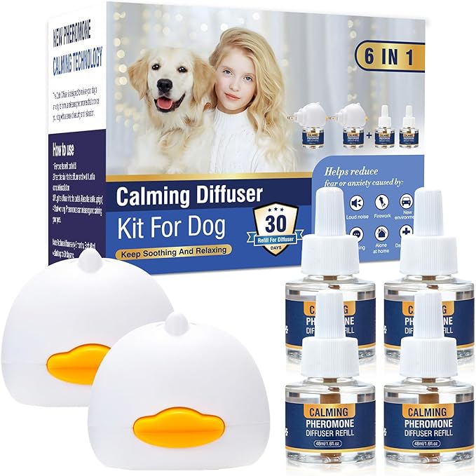 Dog Calming Pheromones Diffuser 6 in 1 Kit Appeasing Pheromone Diffuser to Calm (2 Plug in+4 Pack 48ml Refill) for Anxiety Relief Reduce Aggression Fighting Barking Stress 120 Day Supply