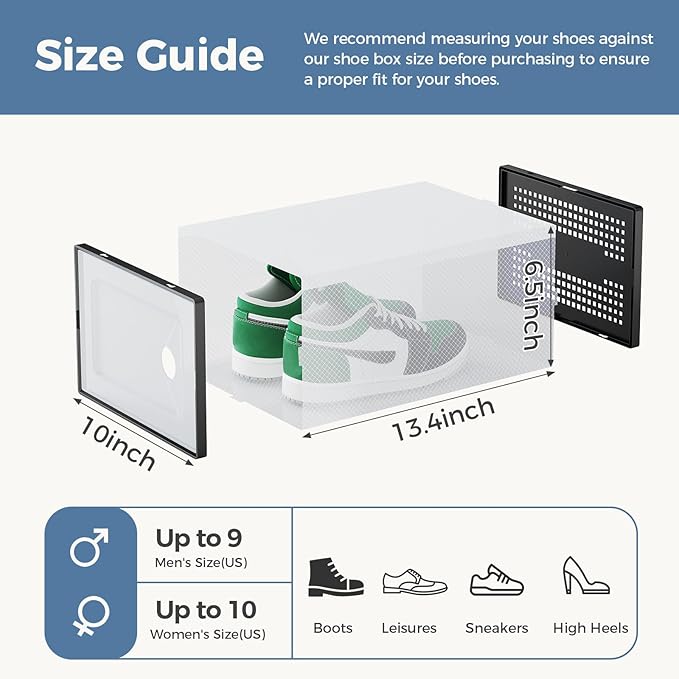DUMOS 12-Pack Clear Shoe Boxes, Stackable Shoe Storage Container Organizer with Lids, Plastic Sneaker Case for Under Bed, Entryway, Sneaker Display and Storage, Black