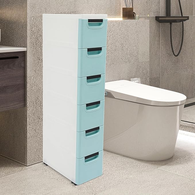6 Drawers Narrow Slim Plastic Storage Cabinet,Storage Drawer with Wheels,6 Tier Drawers Dresser,Rolling Narrow Cabinet for Small Spaces Bathroom Kitchen Bedroom Living Room,Blue