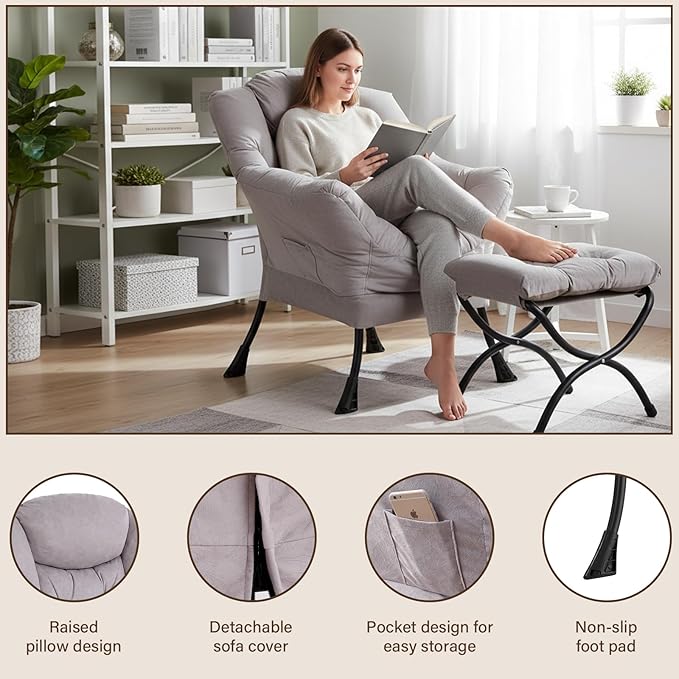 Welnow Lazy Chair with Ottoman, Modern Lounge Accent Chair with Armrests and a Side Pocket, Leisure Sofa Armchair, Reading Armchair with Footrest for Small Space, Light Grey