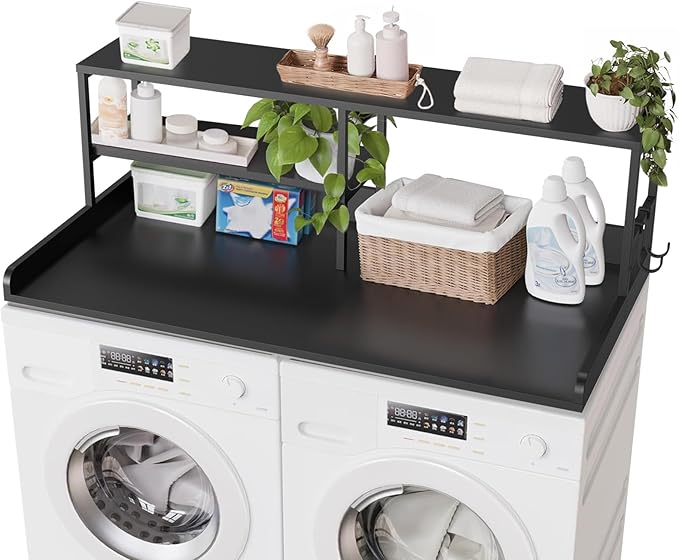 Washer and Dryer Countertop with Shelf, 2-Tier 54" x 27.5" Wood Laundry Countertop, Washer Dryer Topper with High Edge Rails and Hooks, Non-Slip Pads, Waterproof & Heat Resistant Top (Black)