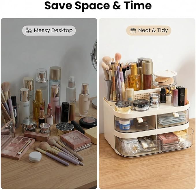 Large Makeup Organizer for Vanity, 3-Tier Dustproof Cosmetic Storage with Drawers & Brush Holder, Skincare Organizer for Bottles, Creams, Lipsticks & Palettes