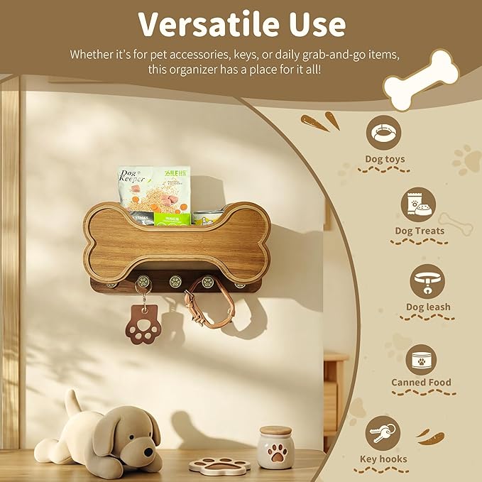 MTERSN Decorative Dog Leash Holder for Wall - Bone Key Holder Wall Mount with 5 3D Puppy Paw Hooks & Hanging Shelf for Dog Lover - Cute Stuff for Puppy Essentials (Acacia)