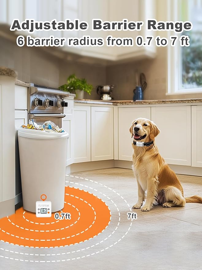 FLYSPEAR Wireless Pet Barrier - Rechargeable Indoor Barrier with 6 Adjustable Range Radius up to 7 ft, 6 Adjustable Safe Static Intensity, Electric Fence System for Dogs with Hook