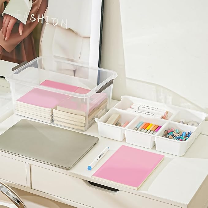 17 QT Plastic Storage Box with Removable Tray Art Supply Craft Organizers and Storage Stackable Storage Container for Organizing Bead, Tool, Sewing, Book, Crayon, Playdoh(Clear)
