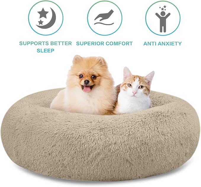SAVFOX 20 inches Calming Donut Dog Bed - 3X Durable Plush Faux Fur, Machine Washable & Non-Slip, Fits up to 15 lbs, Beige