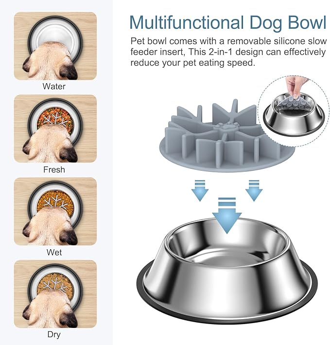 2-in-1 Metal Dog Bowl with Slow Feeder Insert, Food Grade 304 Slow Feeder Dog Bowls, Non-Slip Bottom, Pet Slower Food Feeding Bowls for Increases Feeding Time, Reduces Digestive Problems (M)
