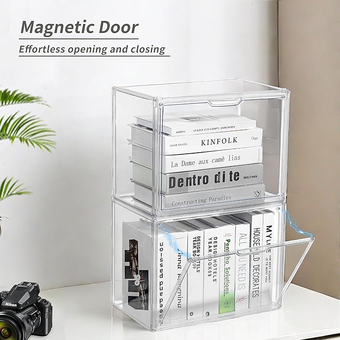 Cube Storage Organizer Acrylic Book Case Display Case Box Stackable Book Storage Containers With Magnetic Door Clear Plastic Portable Organizer For Living Room Bedroom 5 Pcs