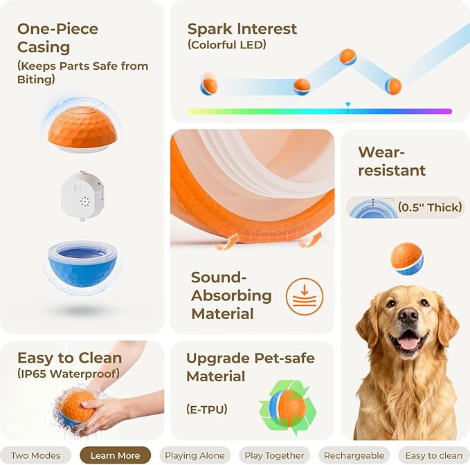 Apasiri Interactive Dog Toys: Duraspin Dog Ball with LED Lights, Automatic Moving Dog Toys for Aggressive Chewers, Dog Toys for Large Dogs, Vibrating Dog Toy Balls for Small, Medium (3.74 in Diameter)