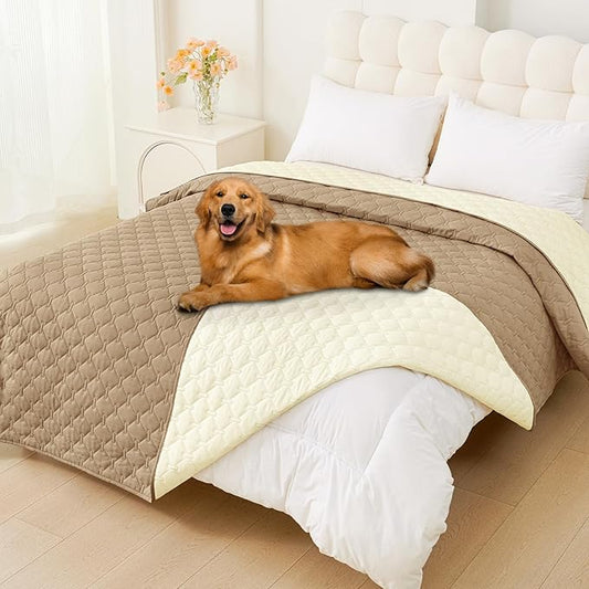 Smiry Waterproof Dog Bed Cover Blanket, Soft Reversible Pet Blanket, Washable Leakproof Cats Dogs Couch Cover for Sofa, Couch, Furniture, Plaid (82x120 Inch, Camel/Beige)