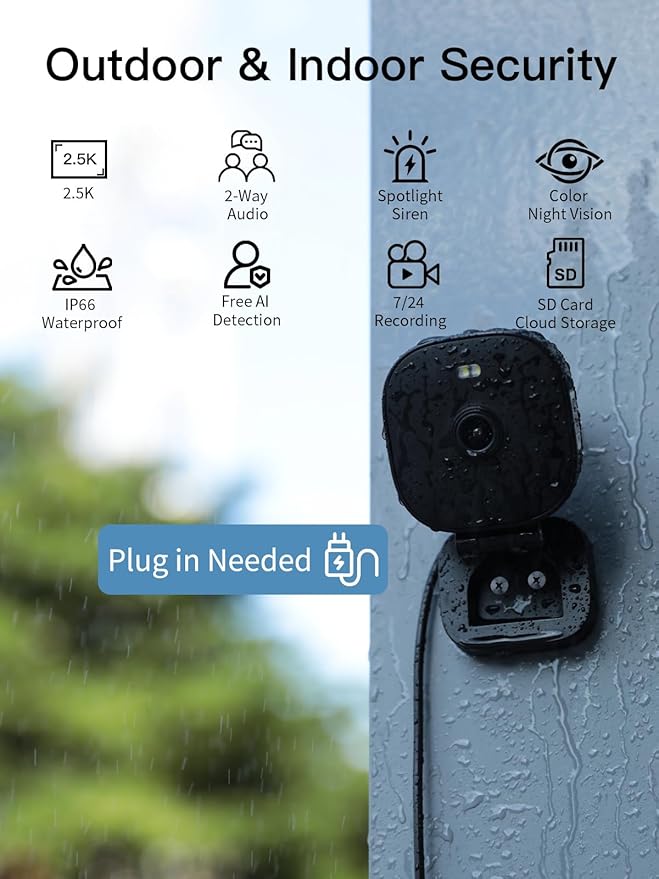 VIMTAG 2.5K Security Camera Indoor/Outdoor, Cameras for Home Security with Color Night Vision, AI Human Detection, Spotlight/Siren, Pet/Baby Monitor, IP66, 2-Way Audio,Works with Alexa, Wired