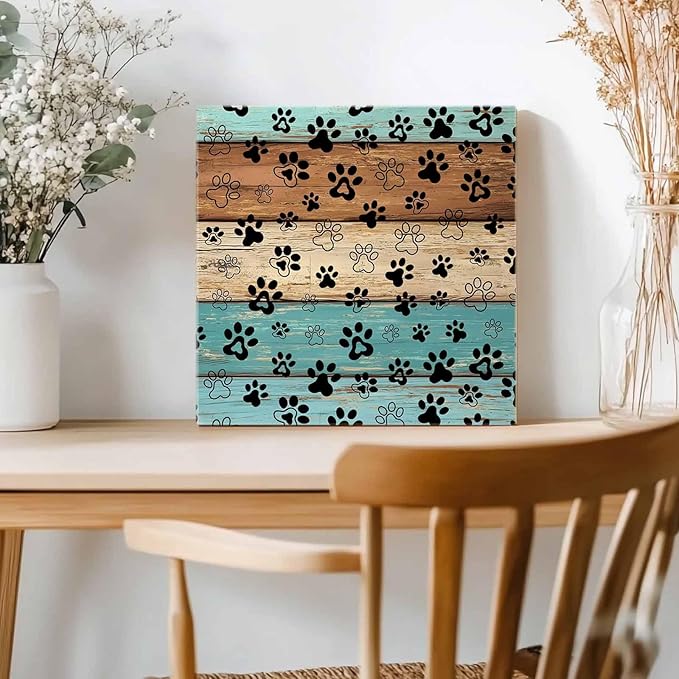 Framed Canvas Wall Art for Living Room Dog Paw Print Wall Decor, Retro Brown Turquoise Wood Grain Aesthetic Paintings for Bedroom Office Kitchen Bathroom, Ready to Hang Wall Pictures 16x16 Inch